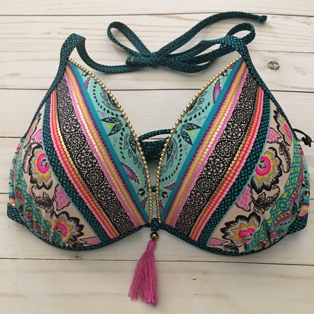 Shade & Shore Swim  Top Floral Ruched Beaded Trim Underwire Tassel Adjustable - Picture 4 of 8
